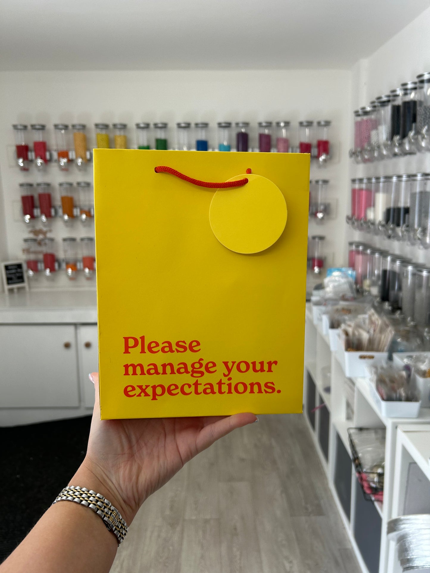 ‘Please manage your expectations Medium Yellow Humourous Gift Bag
