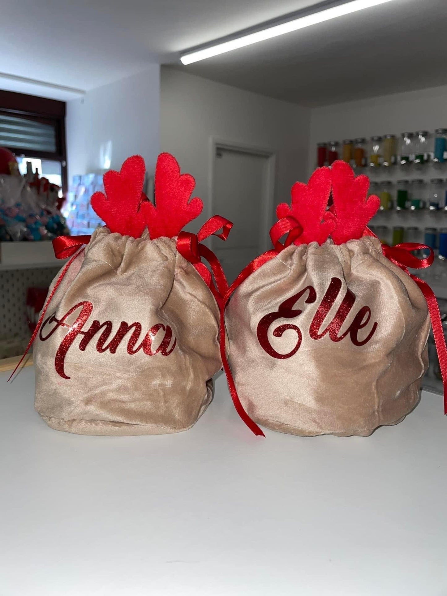 Personalised Velvet Reindeer Drawstring Bag