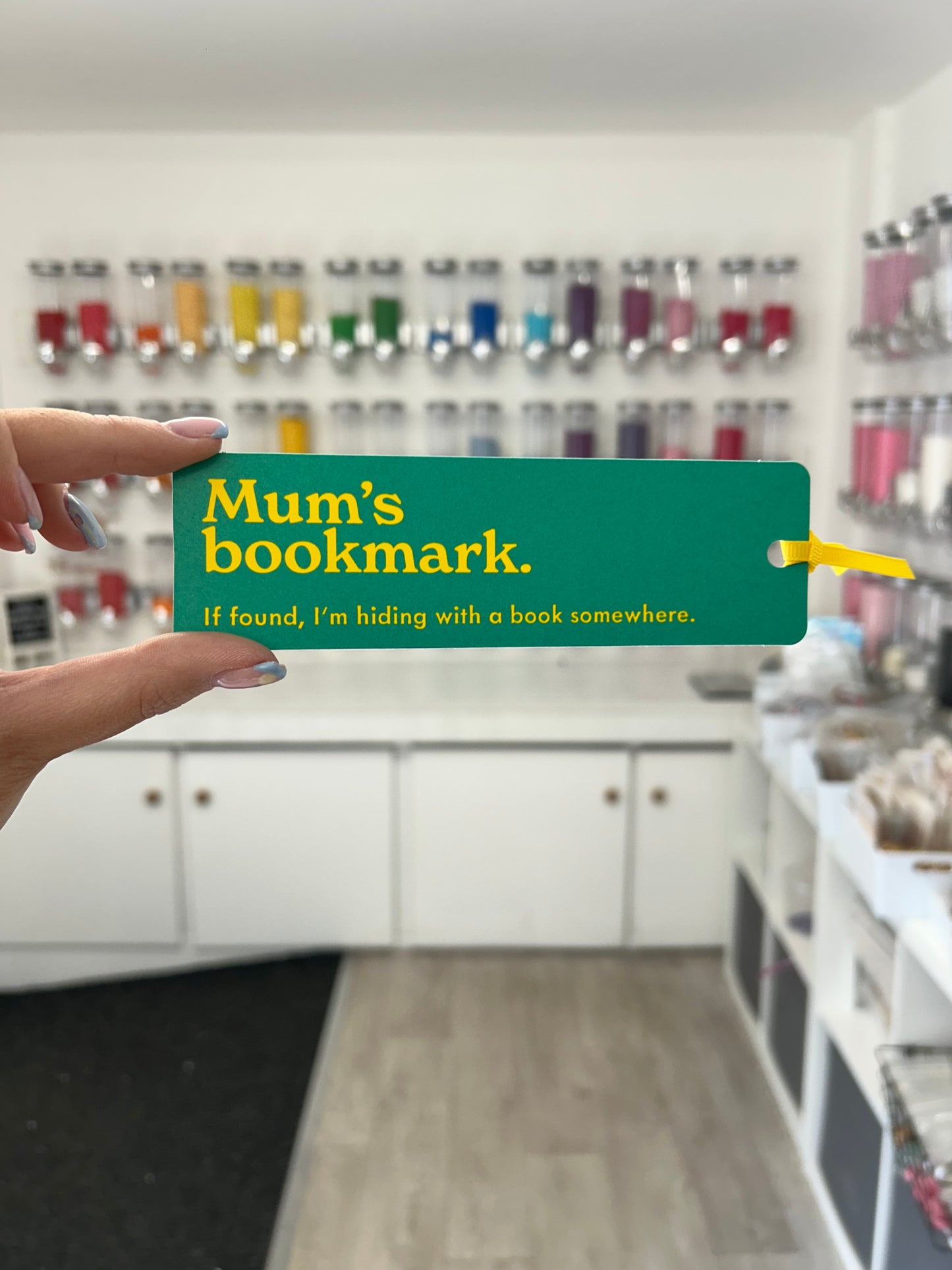 ‘Mum’s bookmark. If found, I’m hiding with a book somewhere’ Green Bookmark