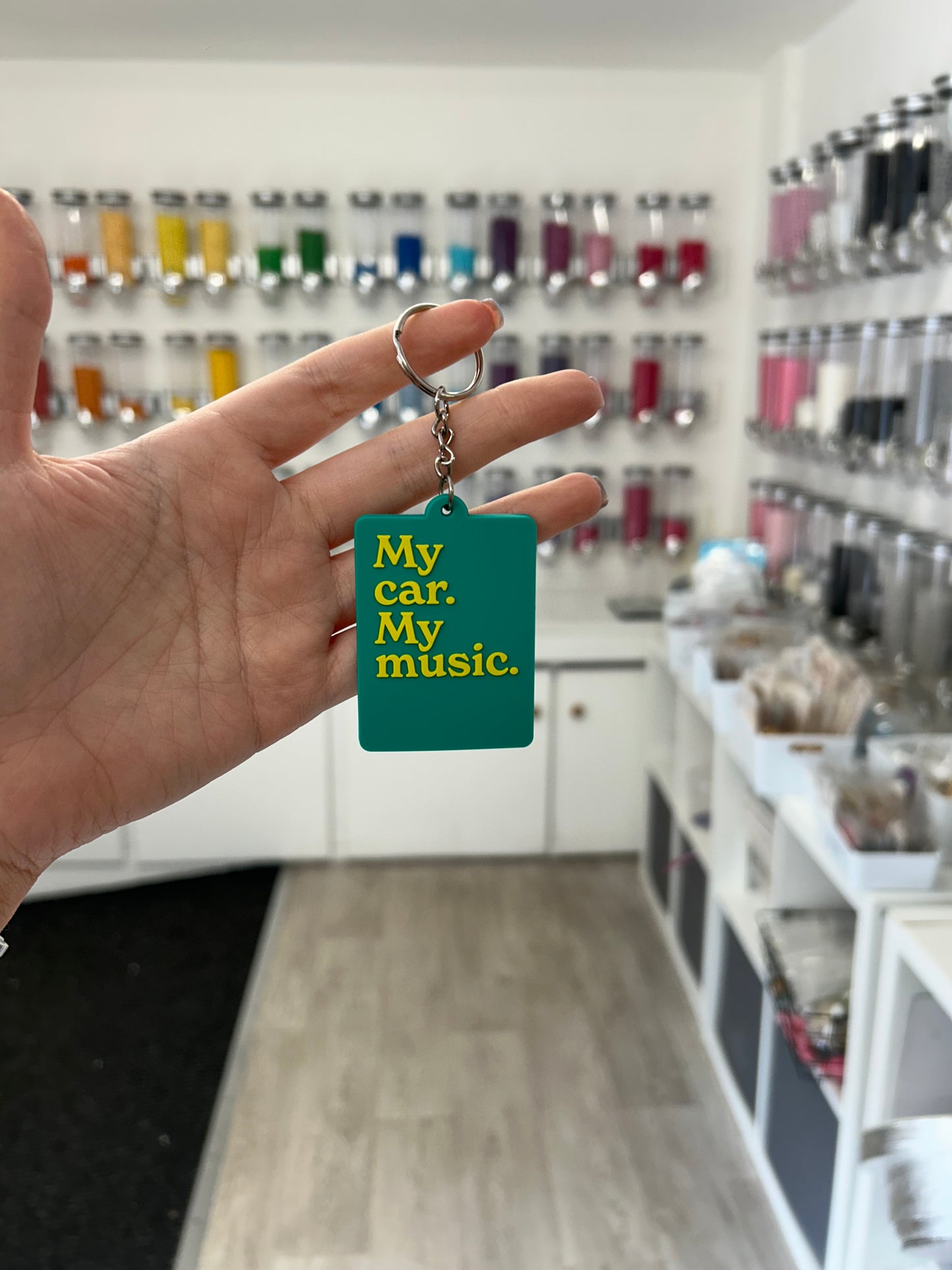 “My car. My music.” Keyring